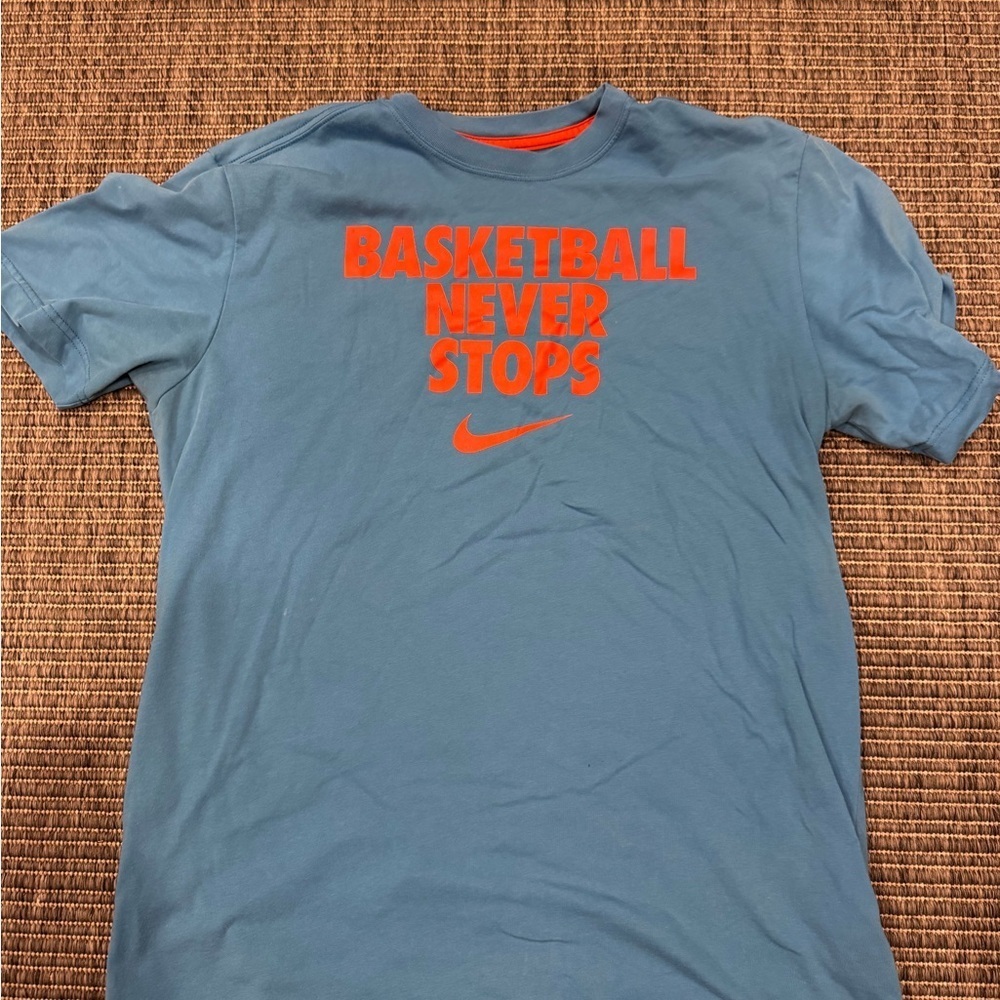 Nike Blue Tee with Vibrant Orange Text
